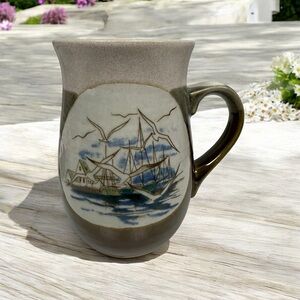 VTG Otagiri Sailboat Seagull Nautical Boat Pottery Coffee Mug Potbelly Stoneware